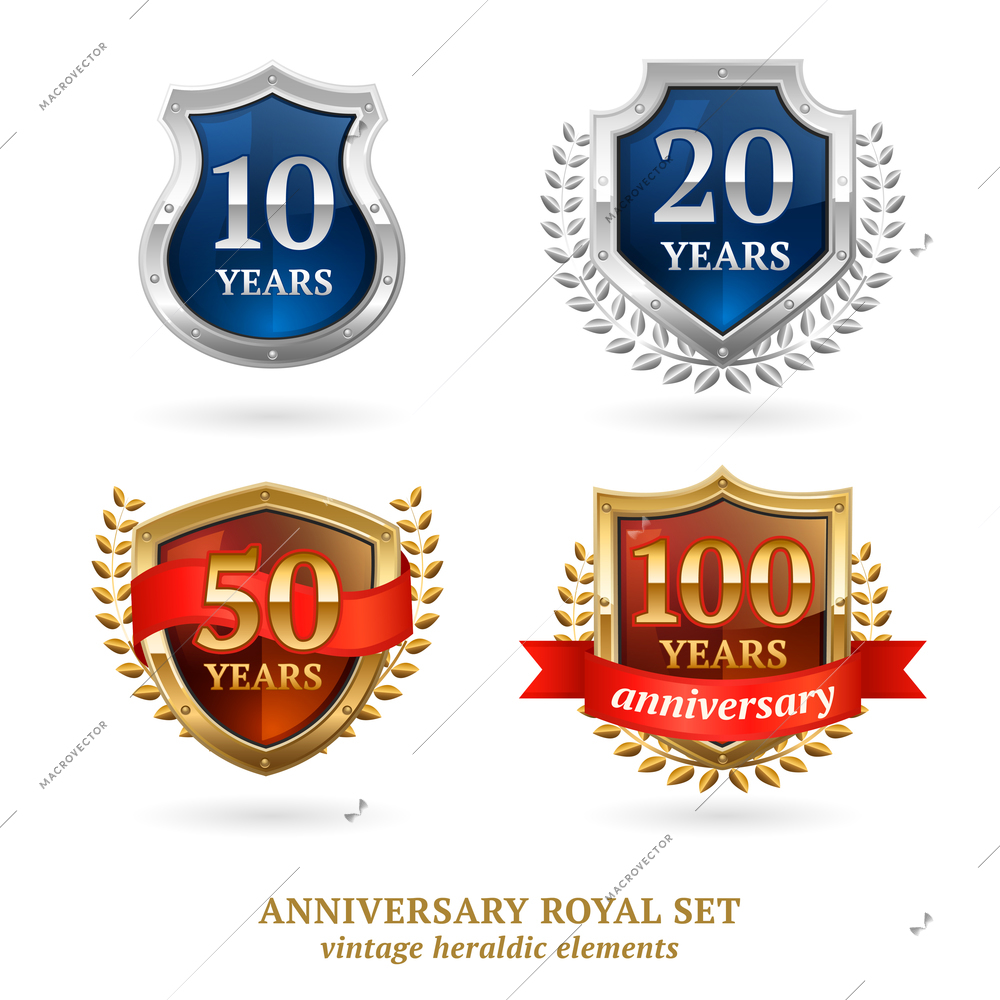 Anniversary vintage golden and silver framed heraldic protection shield emblems labels icons set abstract vector isolated illustration