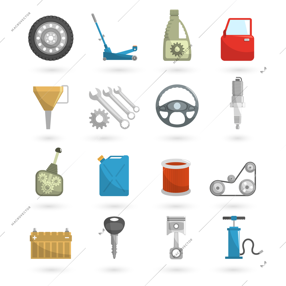 Auto service car repair automobile parts icons flat set isolated vector illustration