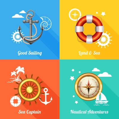 Vintage marine nautical concept 4 flat icons composition with anchor compass and steering wheel abstract vector illustration