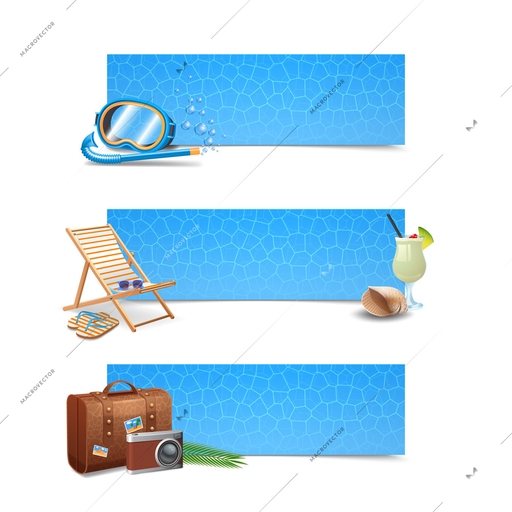 Travel banner horizontal set with realistic snorkeling mask lounge cocktail and suitcase isolated vector illustration