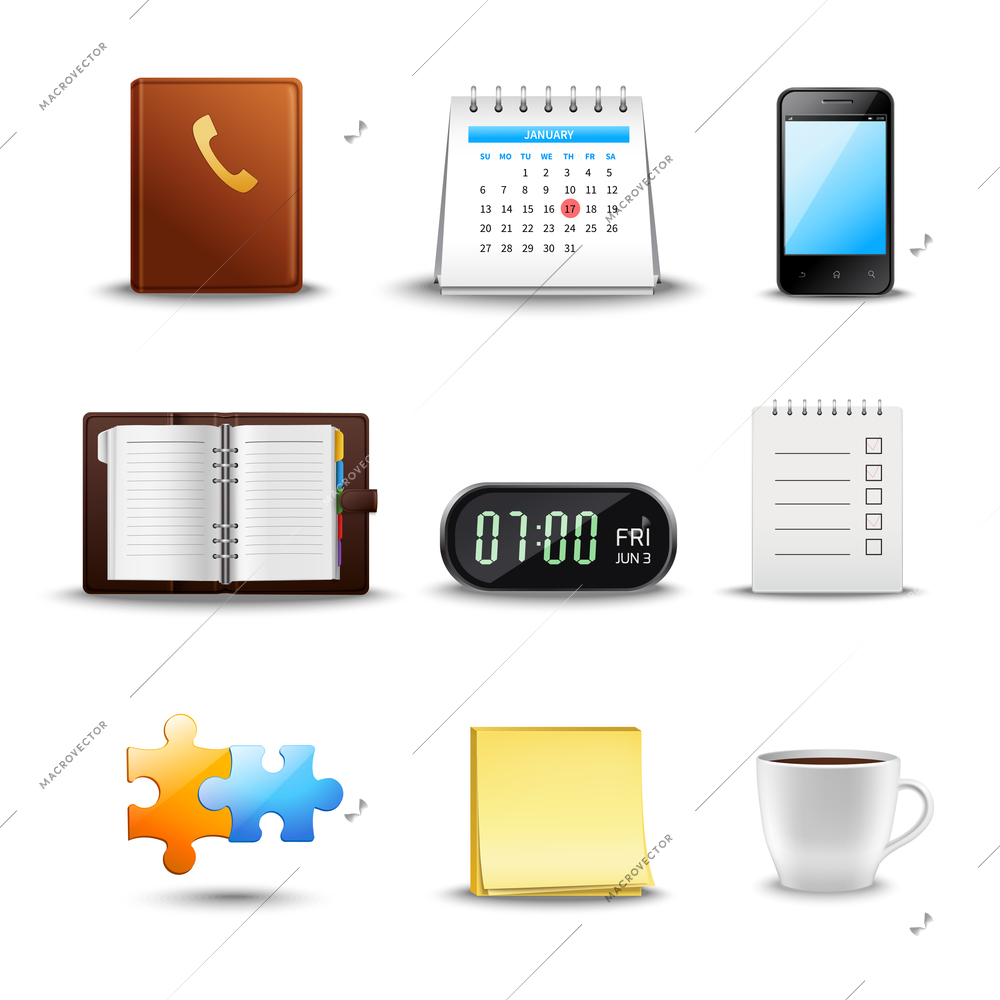 Realistic time management icons with notebook calendar schedule coffee cup isolated vector illustration