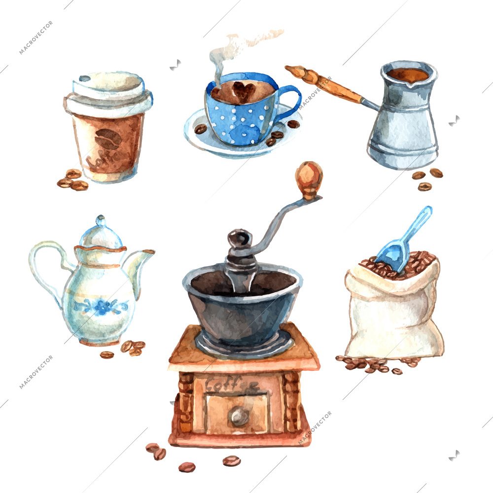 Decorative vintage hand drawn watercolor coffee set with  milk can cezve and beans grinder print vector illustrationВЊ