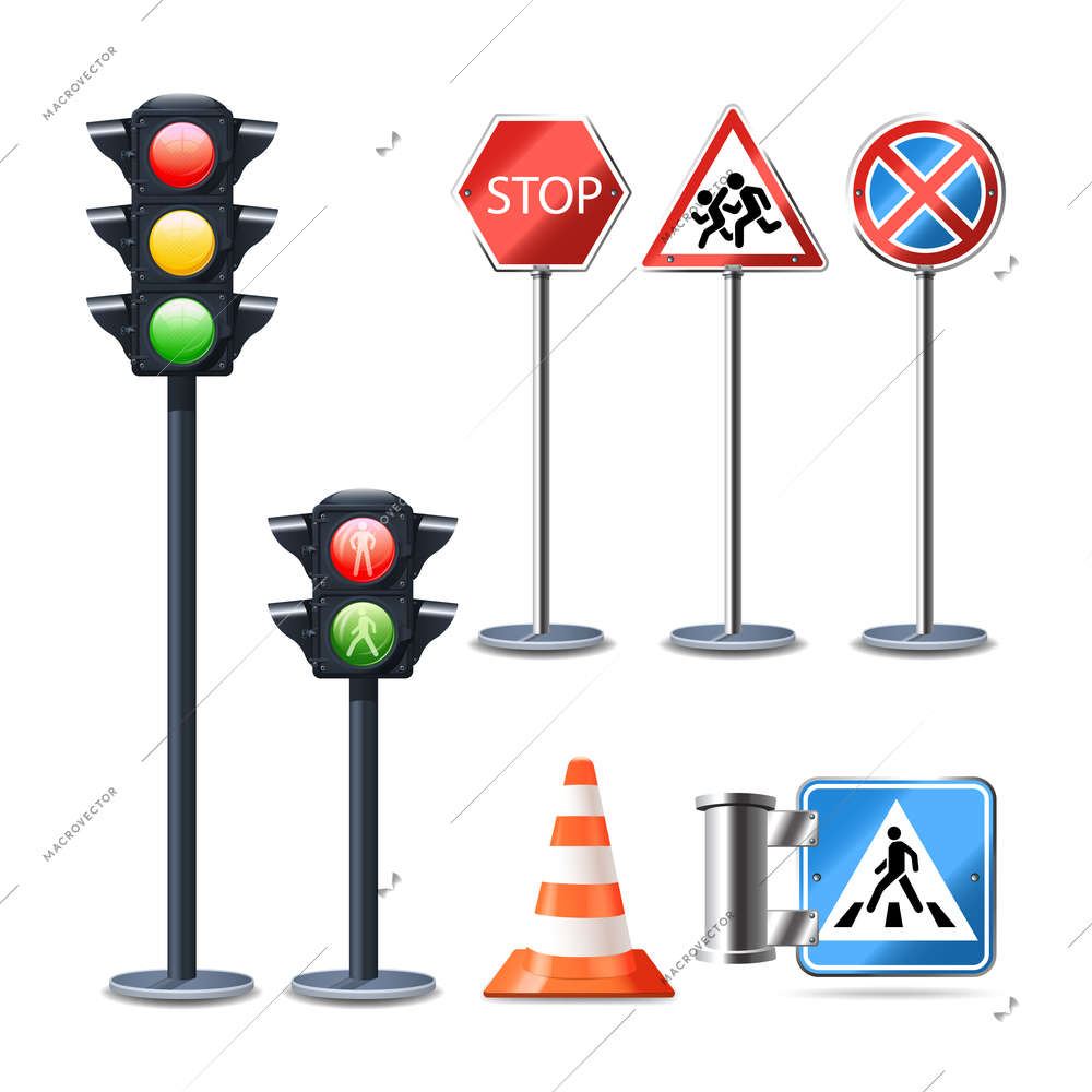 Traffic sign and lights realistic 3d decorative icons set isolated vector illustration