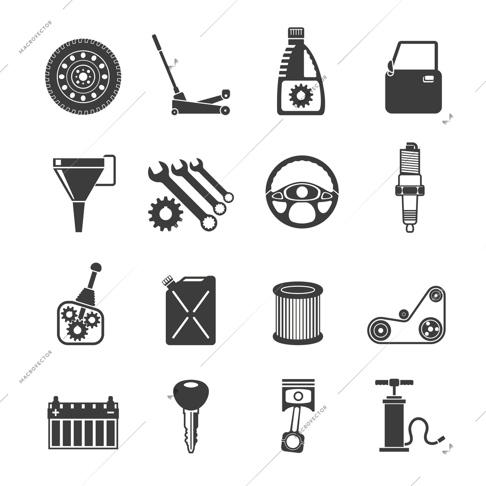 Auto service automobile systems icons black set isolated vector illustration