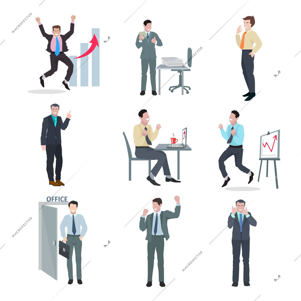 Successful businessman peak performance business achievement avatar icons set isolated vector illustration