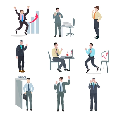 Successful businessman peak performance business achievement avatar icons set isolated vector illustration