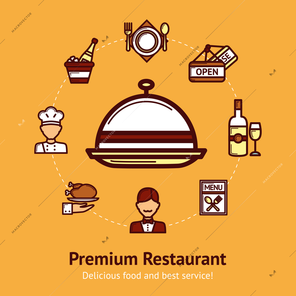 Premium restaurant concept with food and cooking utensil icons set vector illustration