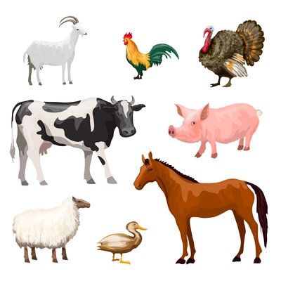 Farm animals decorative icons set with cow goose pig horse isolated vector illustration