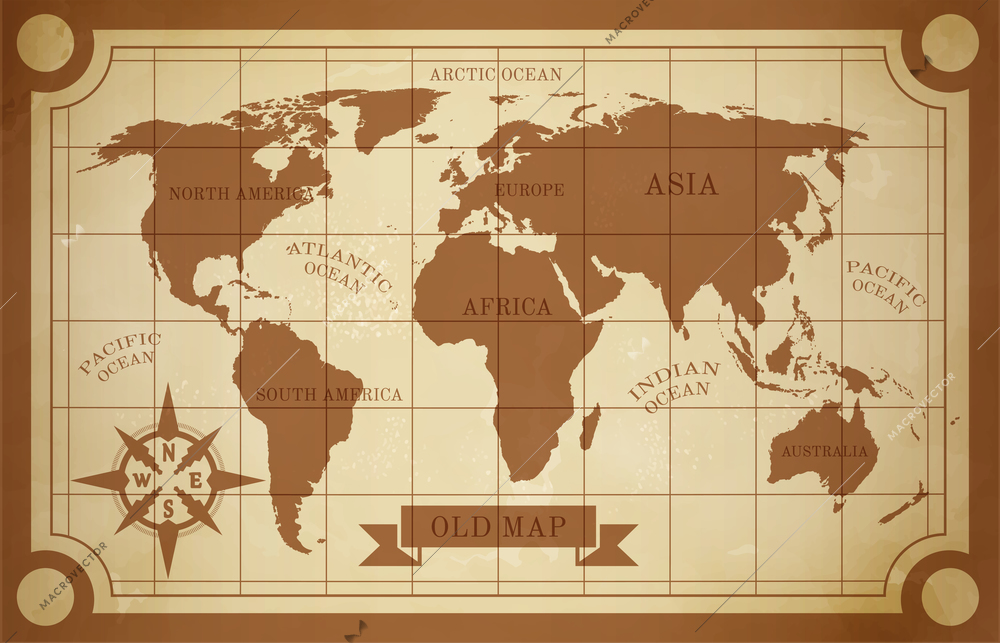 Old style world map vintage document travel poster vector illustration