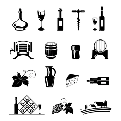 Wine decorative black icons set with barrel corkscrew bottle isolated vector illustration