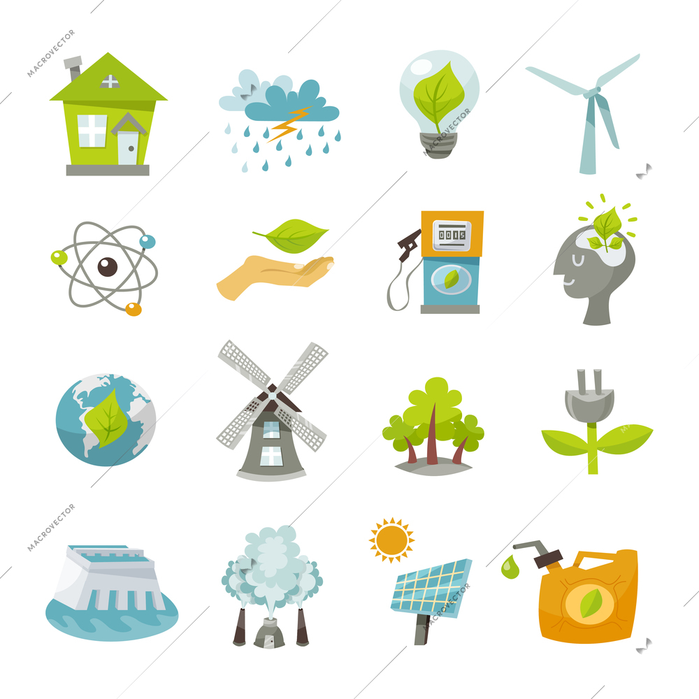 Eco renewable recycling energy icons flat set isolated vector illustration