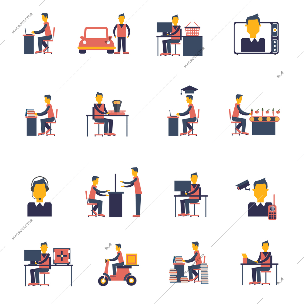 Sedentary living inactive passive man sitting icon flat set isolated vector illustration