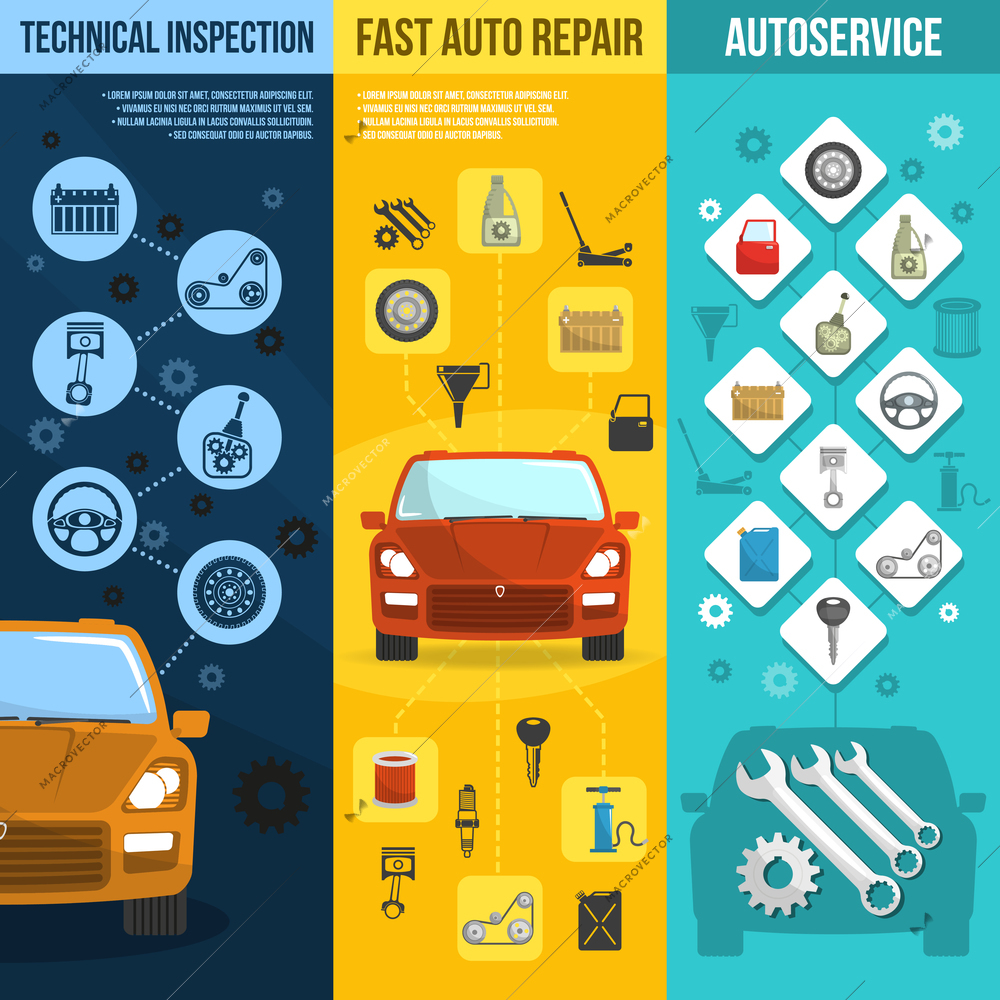 Auto service vertical banner set with technical inspection car repair isolated vector illustration