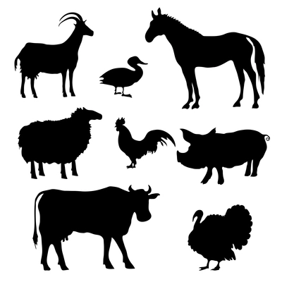 Farm animals agriculture barnyard black silhouettes set isolated vector illustration