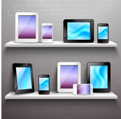 Realistic mobile electronic devices set on shelves store vector illustration