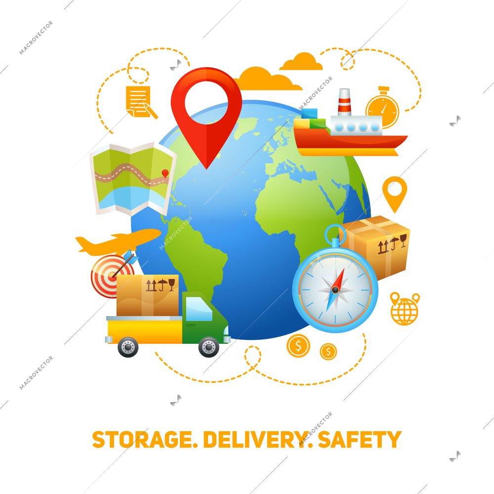 Worldwide global freight storage and safe speedy delivery service logistic concept design poster print abstract vector illustration