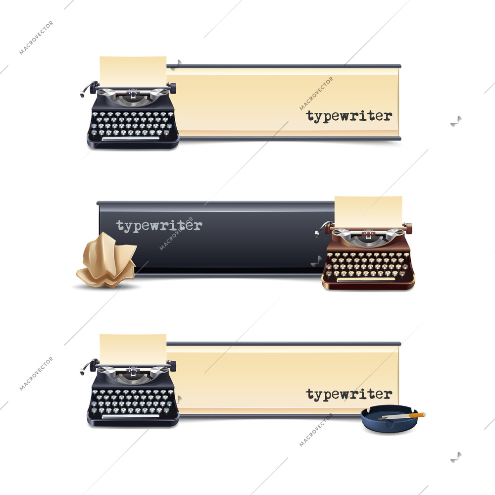 Typewriter horizontal banners set with realistic paper sheet isolated vector illustration