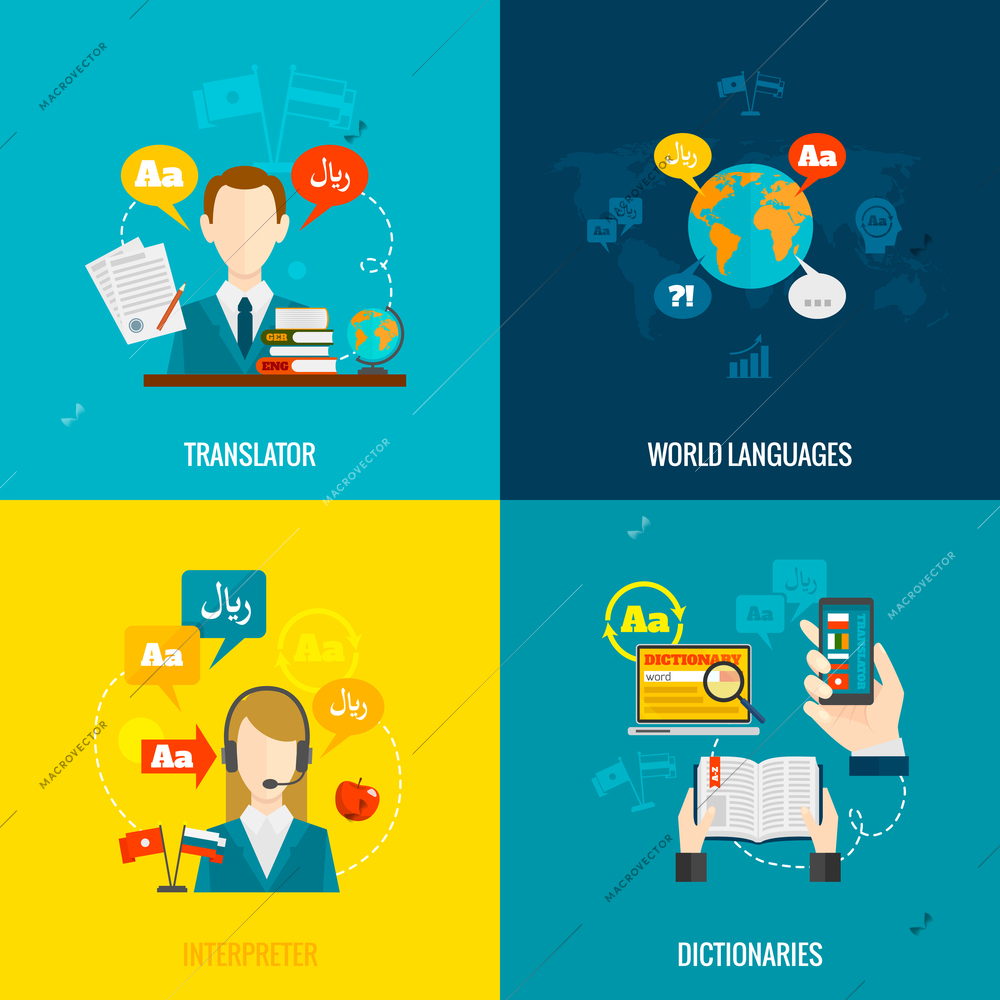 World languages translator interpreter 4 flat  icons composition with computer electronic mobile dictionaries abstract  isolated vector illustration