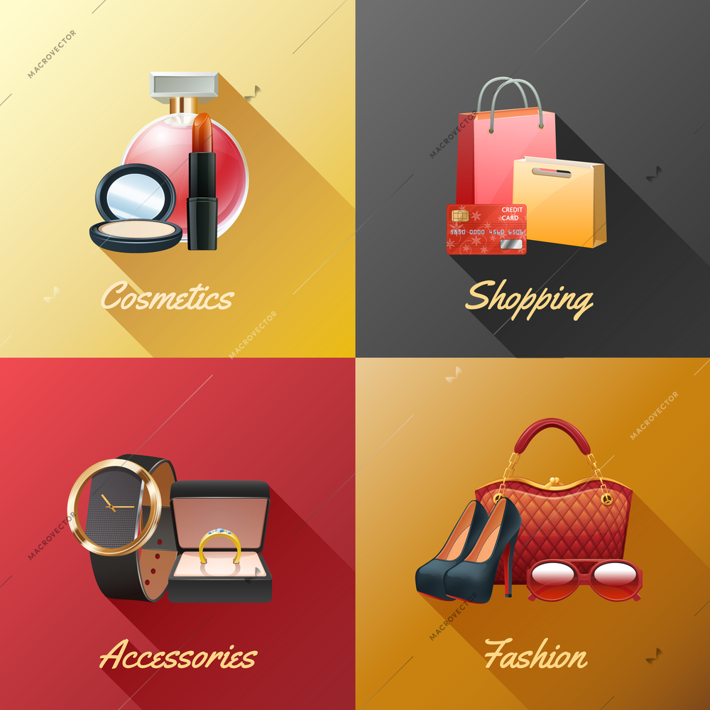 Women shopping design concept set with cosmetics accessories and fashion realistic icons isolated vector illustration