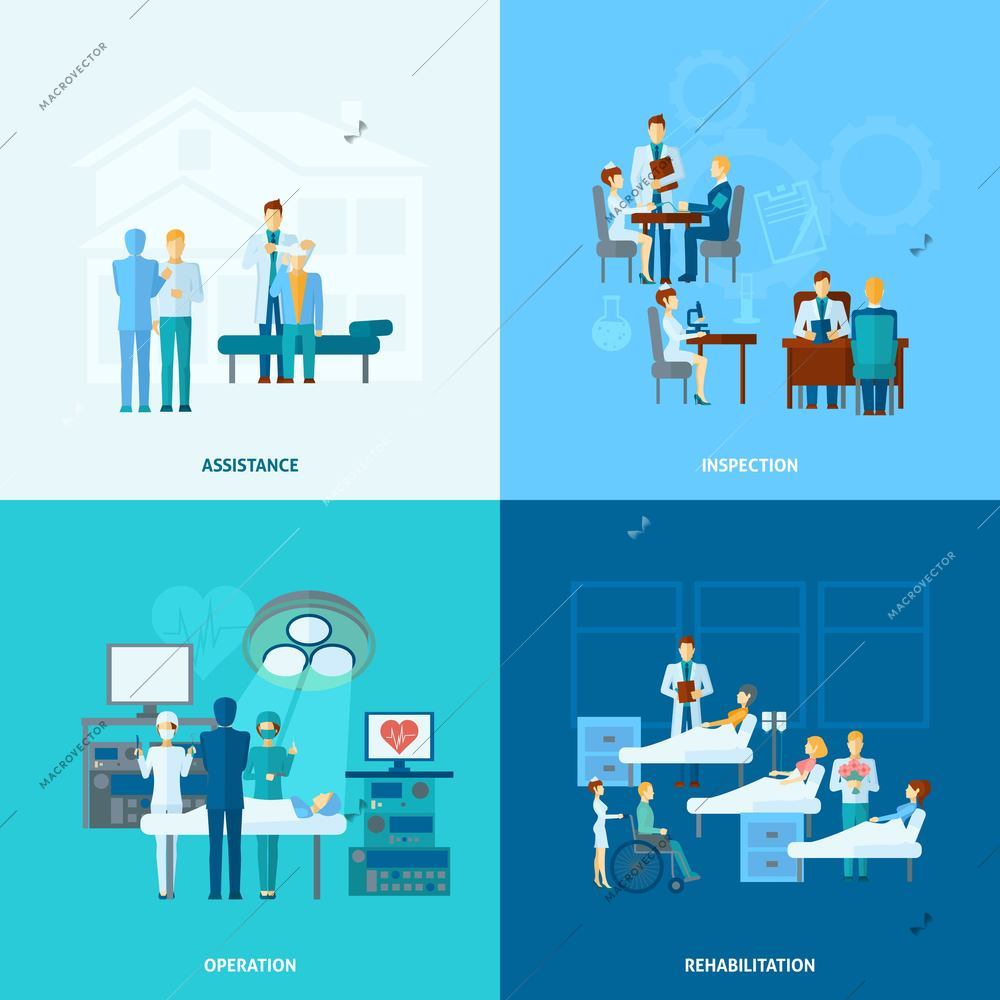 Doctor in hospital design concept set  with assistance operation rehabilitation and operation flat icons isolated vector illustration