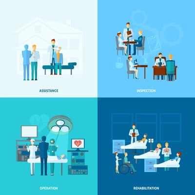 Doctor in hospital design concept set  with assistance operation rehabilitation and operation flat icons isolated vector illustration