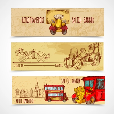 Vintage transport retro cars horizontal hand drawn banners set isolated vector illustration