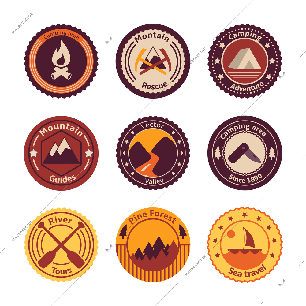 Outdoors tourism camping flat badges set of road mountain tree and nature isolated vector illustration