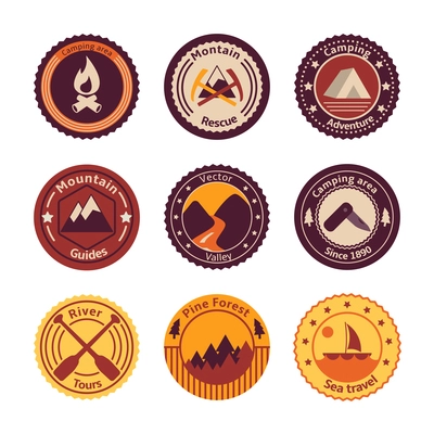 Outdoors tourism camping flat badges set of road mountain tree and nature isolated vector illustration