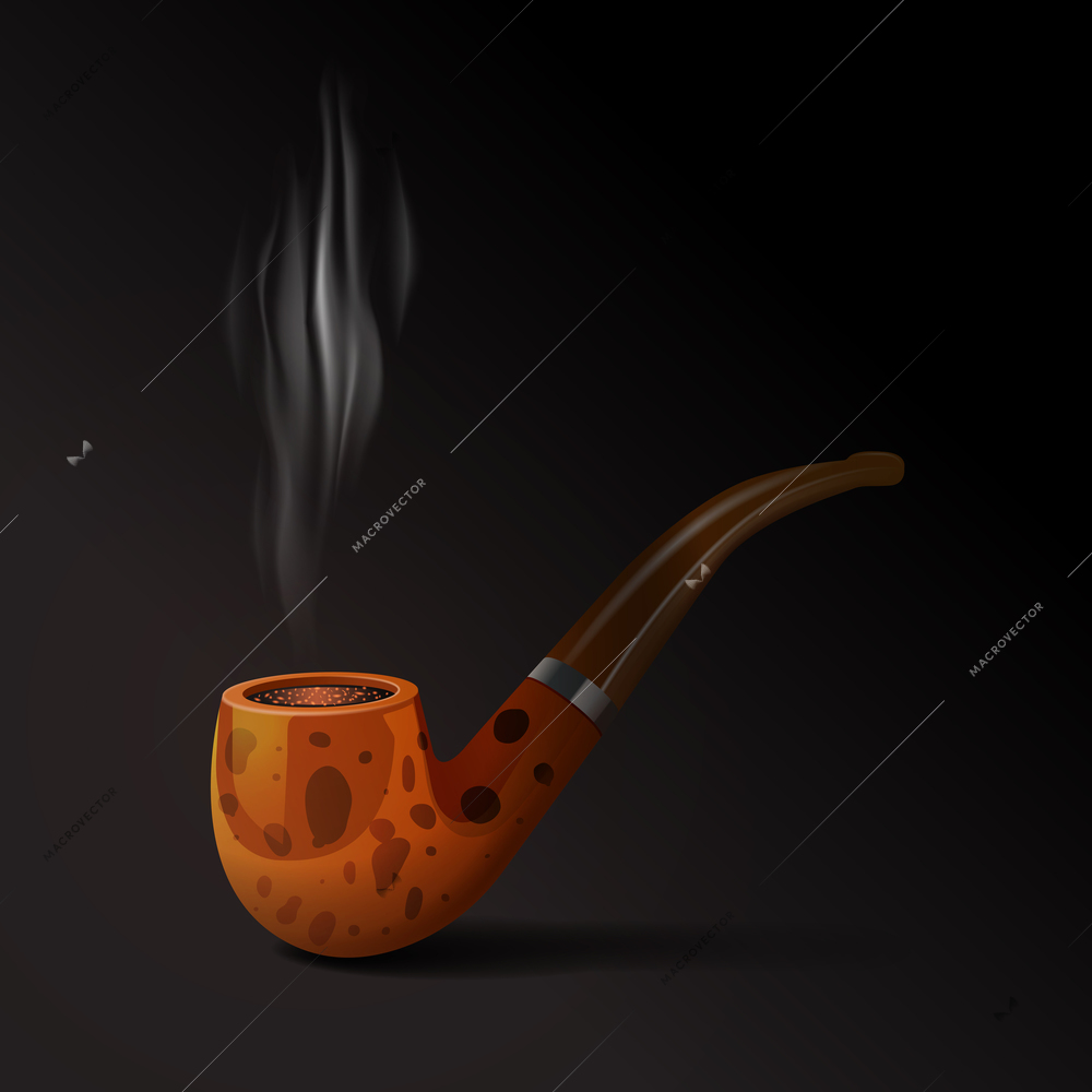 Realistic old style smoking tobacco pipe on black background vector illustration