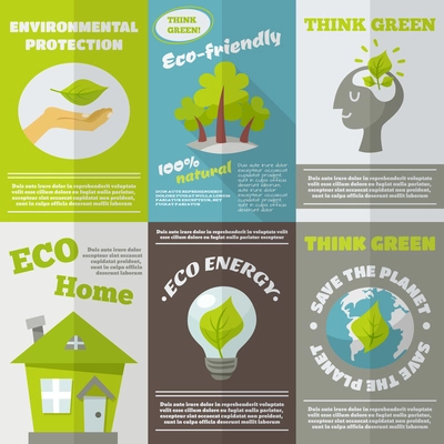 Eco energy think green environmental protection mini poster set isolated vector illustration