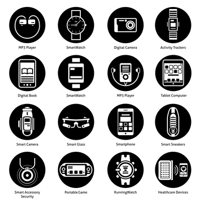 Wearable technology icons black set with mp3 player smart watch digital camera activity trackers isolated vector illustration