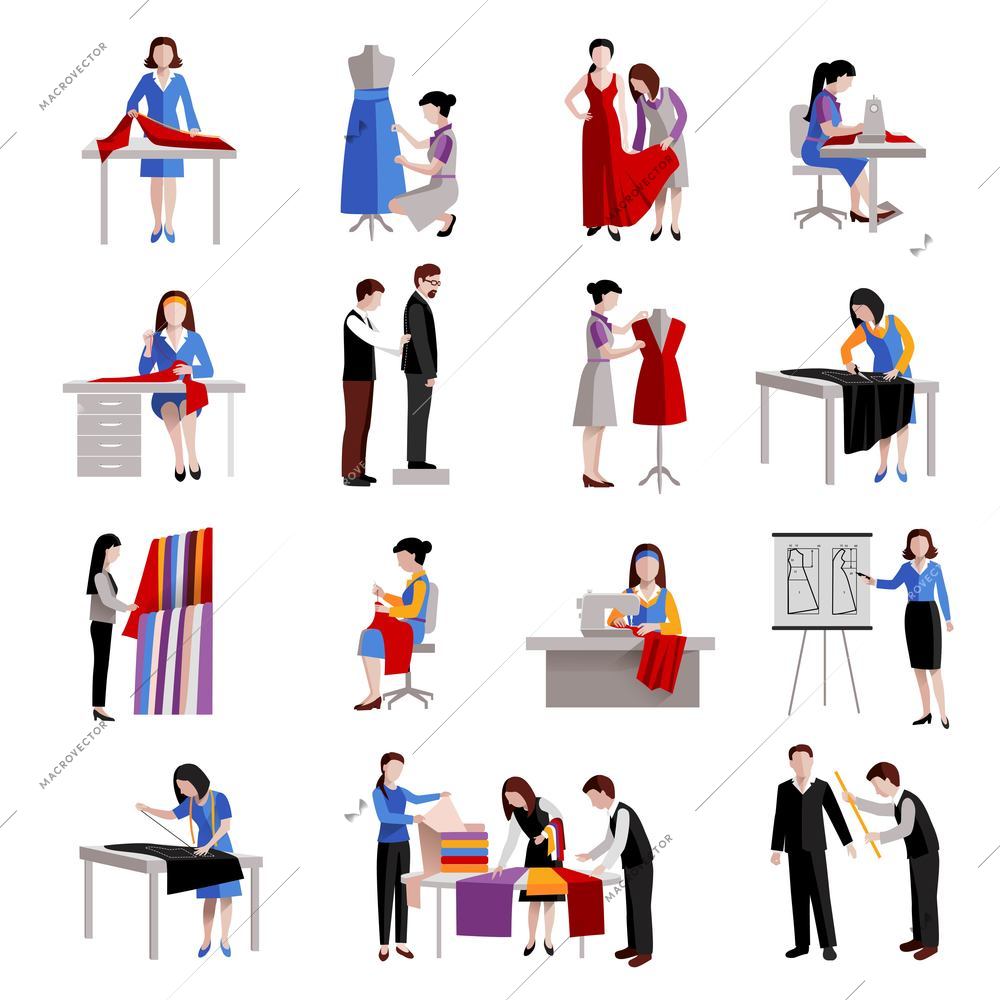 Dressmaker icons set with fashion workers and designer tailoring measuring and sewing isolated vector illustration