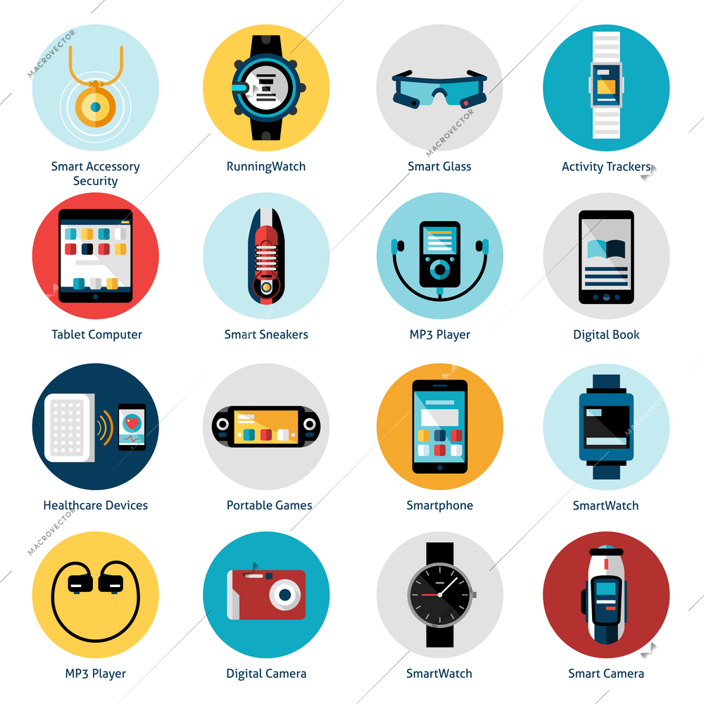 Wearable technology icons set with smart accessory running watch activity trackers isolated vector illustration