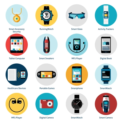 Wearable technology icons set with smart accessory running watch activity trackers isolated vector illustration
