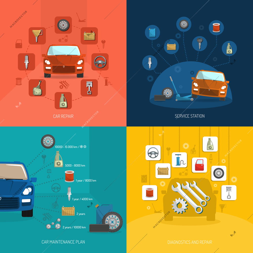 Auto service design concept set with car repair station diagnostics plan flat icons isolated vector illustration