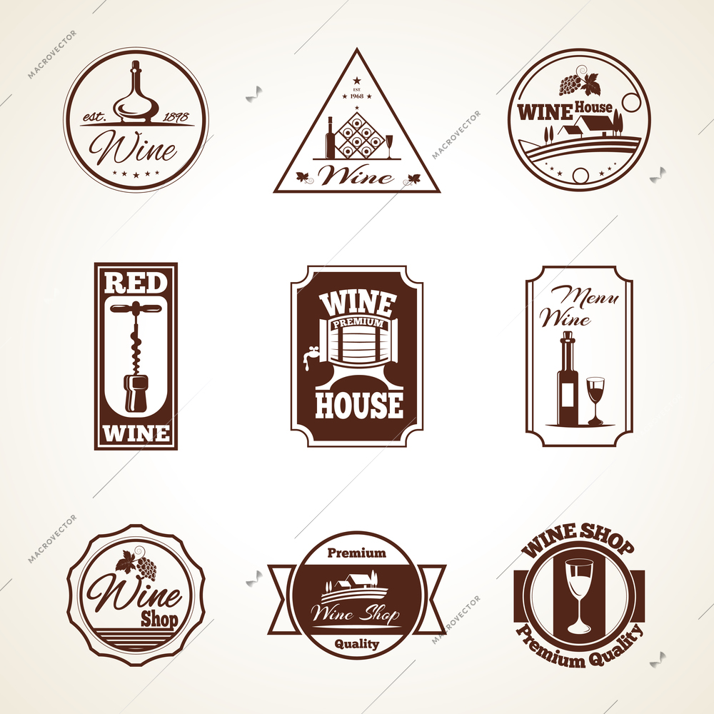 Wine shop badges premium quality label set isolated vector illustration