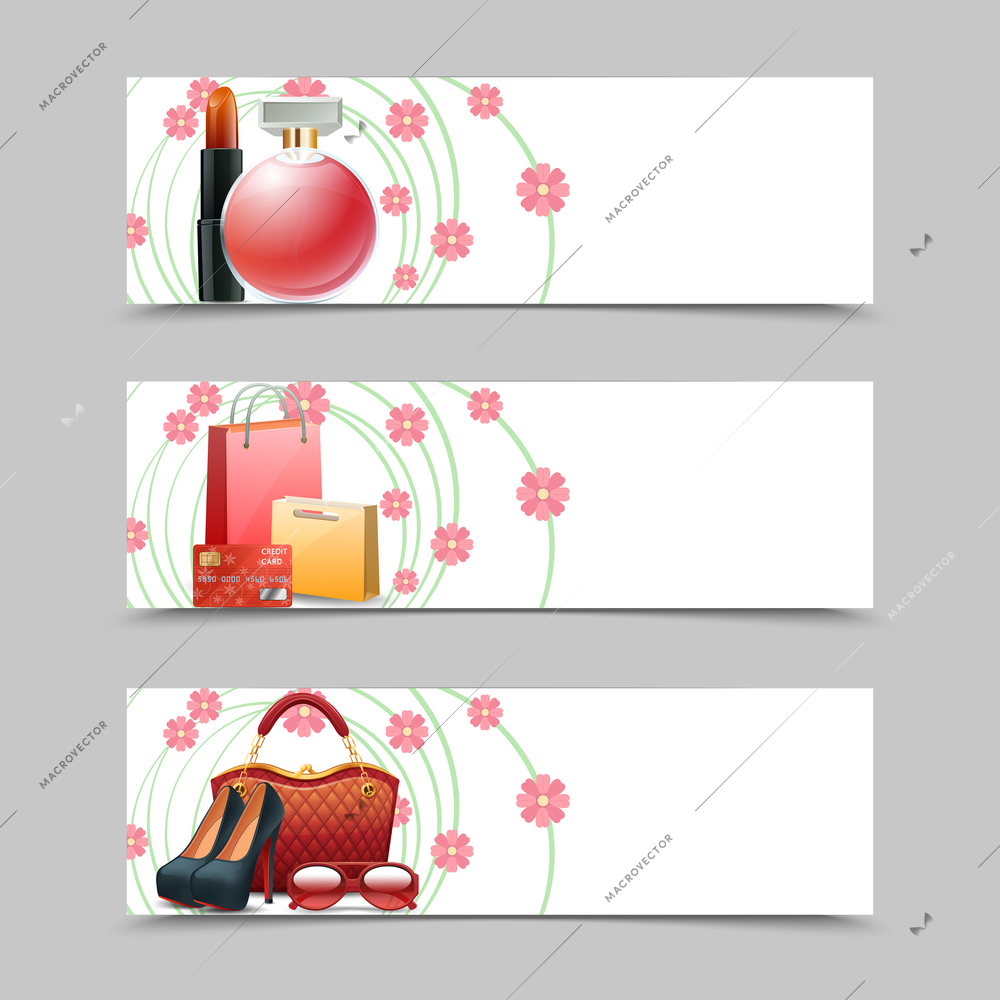 Women shopping horizontal banners set with realistic cosmetics fashion accessories elements isolated vector illustration