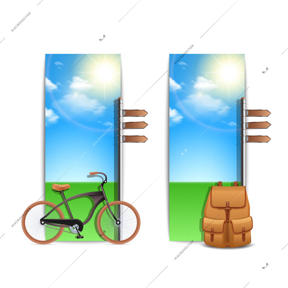 Travel banners vertical set with realistic bike and backpack on sunny outdoor background isolated vector illustration