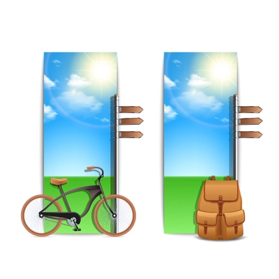 Travel banners vertical set with realistic bike and backpack on sunny outdoor background isolated vector illustration