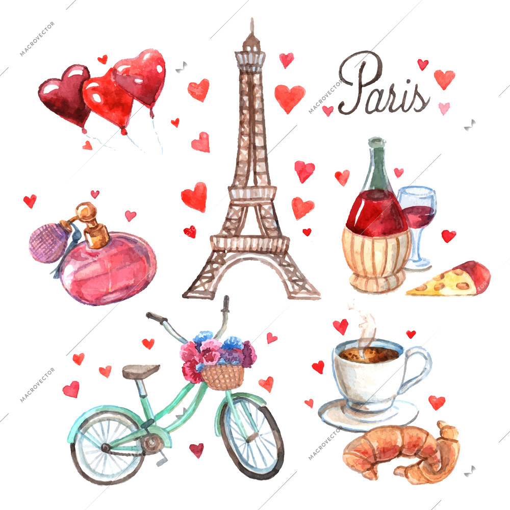 Paris love romance heart symbols icons composition with eiffel tower and red wine watercolor abstract vector illustration