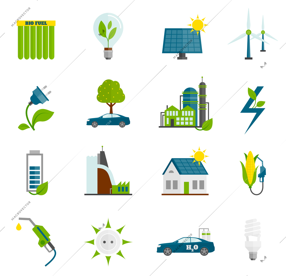 Eco renewable and alternative energy flat icons set isolated vector illustration