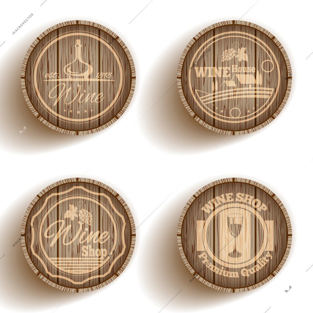 Wine shop premium quality label set on cask isolated vector illustration