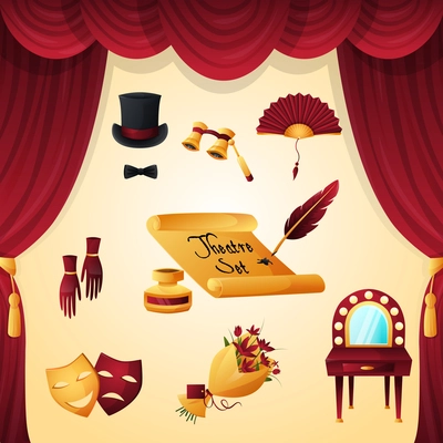 Theater entertainment and performance elements set with velvet curtain isolated vector illustration