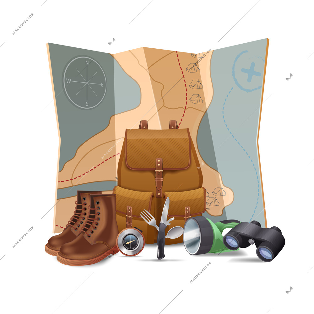 Tourism and hiking concept with realistic boots backpack binoculars vector illustration