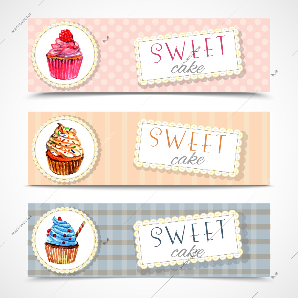Decorative sweetshop confectionary tags labels set with traditional cupcakes design horizontal banners watercolor abstract vector isolated illustration