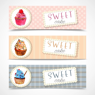 Decorative sweetshop confectionary tags labels set with traditional cupcakes design horizontal banners watercolor abstract vector isolated illustration