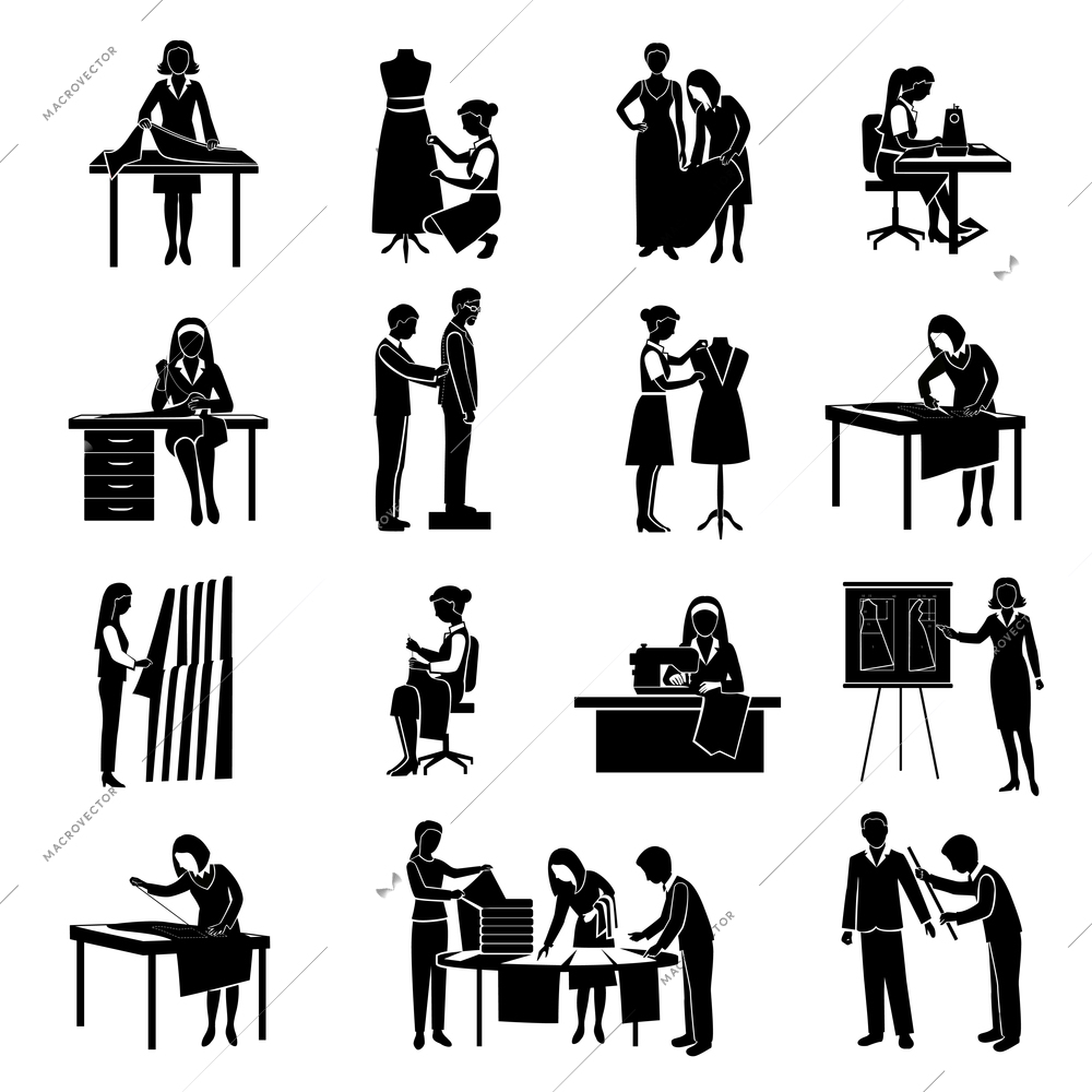 Dressmaker black icons set with tailor and fashion designer with customers isolated vector illustration