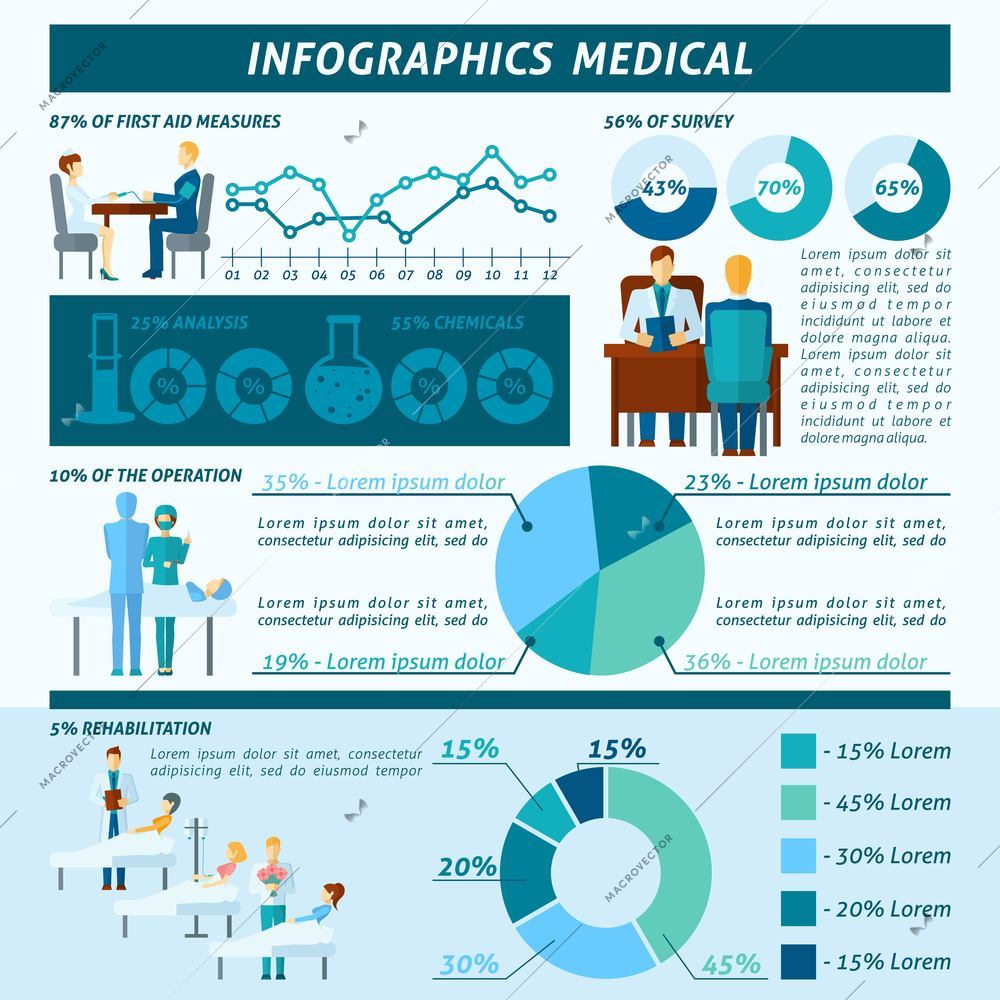 Doctor in hospital and clinic infographic set with medical symbols and charts vector illustration