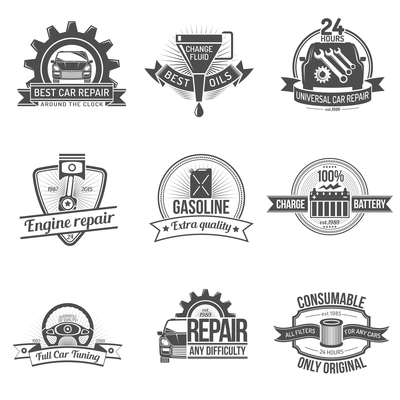 Premium quality auto service car repair industry emblem set isolated vector illustration