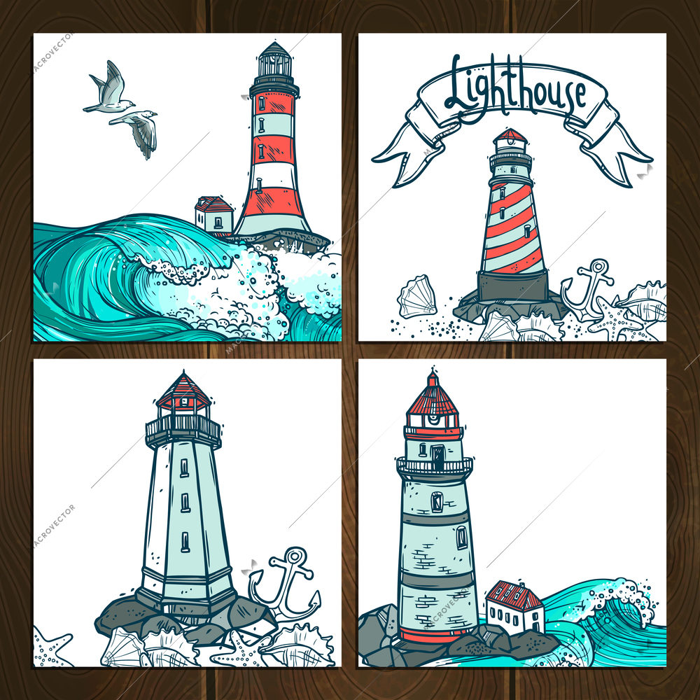 Lighthouse sketch cards set with waves and seagulls isolated on wooden background vector illustration